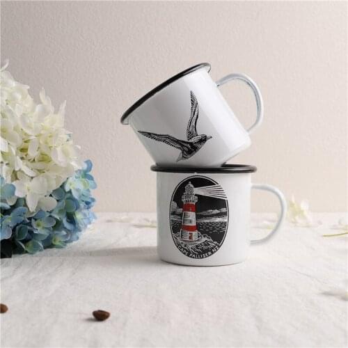 D-9cm Enamel Lighthouse Seagull Vintage Enamel Cup Mug Milk Cup Coffee Cup