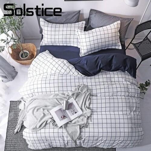Solstice Home Textile White Blue Plaid Duvet Cover Pillow Cases Flat Bed Sheet Simple Nordic Bedding Linen Set For Teen Boy Girl