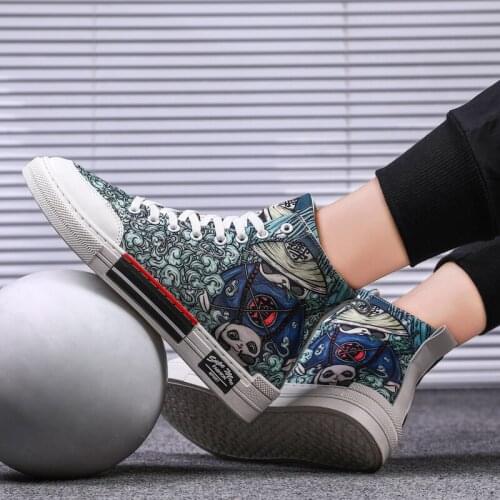 Men Anime Panda Cartoon Print Patchwork Shoes Brand Lovely Boys Canvas Thick Heel Sneakers Designer High Top Running Platform