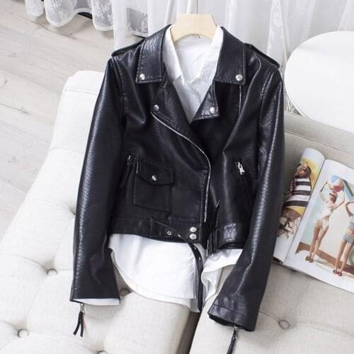 New Women Faux Leather Jacket Spring Autumn Snakeskin Pattern Streetwear Short Coat Ladies Black Brown Biker Moto Coat with Belt