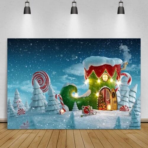 Laeacco Christmas Cartoon Candy House Child Portrait Photocall Background Winter Snow Starry Scenic Photographic Photo Backdrops