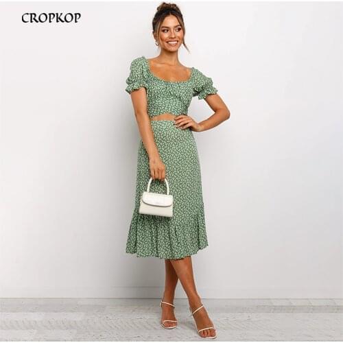 Summer Two Piece Set Women Skirt Sexy Bandage Puff Sleeve Crop Top Ruffle Floral Long Skirt Casual Fashion Beach Party Suit 2021