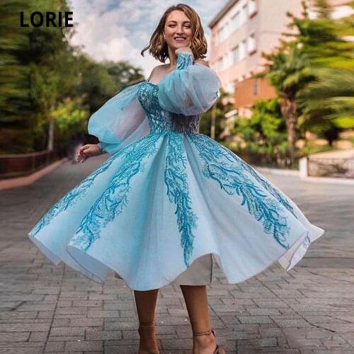 LORIE Short Evening Party Dresses Off Shoulder Appliqued Beads Long Sleeve Prom Dress Custom Made Tea Length Evening Gowns