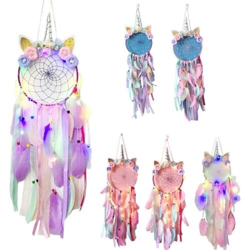 Boho Dream Catcher Feather Flowers Dreamcatcher with LED Fairy Lights Wall Hanging Ornaments for Girls Bedroom Kids Nursery Deco