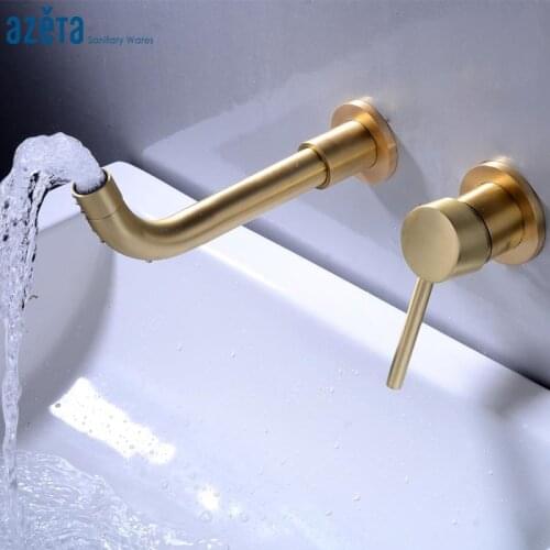 Azeta Brushed Gold Basin Faucet Concealed Wall Mounted Bathroom Washbasin Mixer Brass 360 Degree Rotation Basin Tap MK1903B-BG