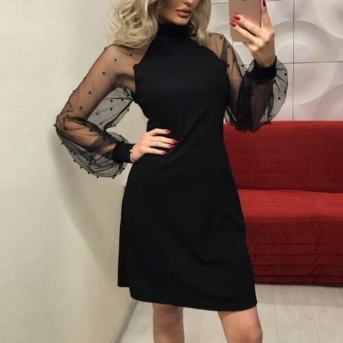 40# Sexy Mini Dress Women Casual Summer Solid Mesh Patchwork Long Sleeve Sexy Mini Dress Ladies Sexy Party Dress Женское Платье