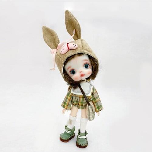OB11 doll dress size Egg long sleeve GSC bag fart coat + cute rabbit ear hat + box bag + hot printed white socks 4-piece set