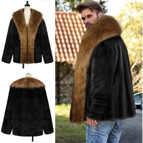 New MenS Thick Faux Fur Coat Fashion Big Fur Collar Hooded Jacket Autumn Winter Male Handsome Warm Soft Fluffy Coats