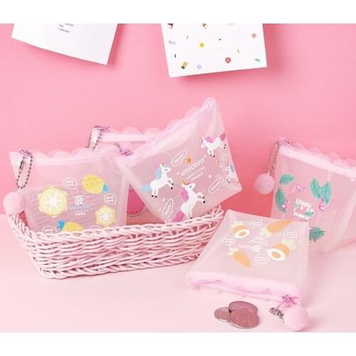 Transparent Girls Coin Purse Pink Lolita Mini Wallet Cat Unicorn Money Bag Women Plush Ball Pendant Small Purse Pocket