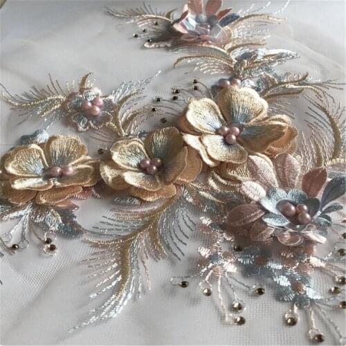Multi color embroidery beaded flower lace appliques for wedding dress embroidered floral patches for clothes big parches