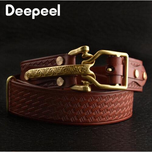 Deepeel 1pc 3.8cm Harajuku Embossed Mens Belts Carved Buckle First Layer Leather Cowhide Brass Buckles High Quality Waistband