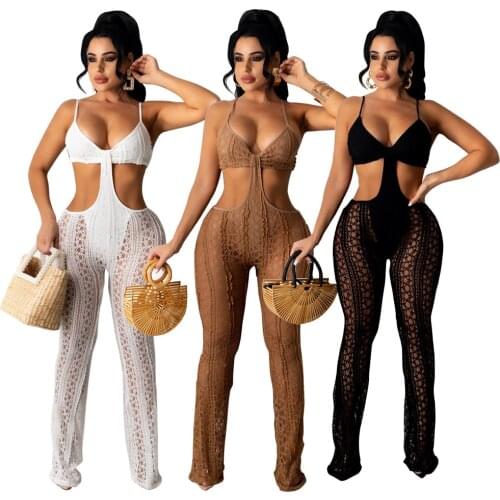 Sexy Bra Lace Long Jumpsuit See Through One Piece Club Outfit Party Wear Woman Spaghetti Strap Long Flare Pants Summer Overalls