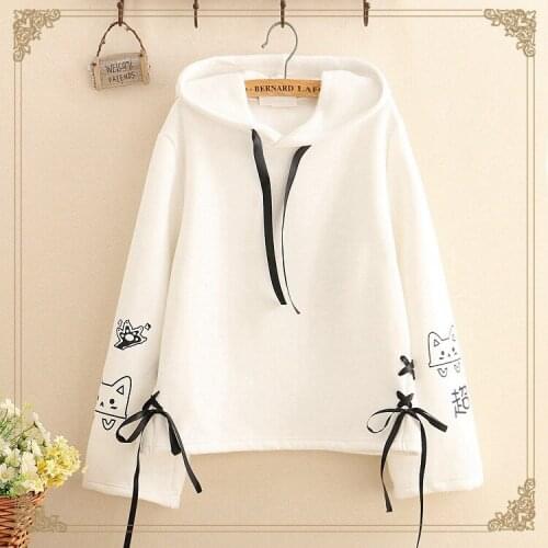 Autumn Winter Printed Lovely Cartoon Cat Loose Black White Hoodies Women Student Cotton Lace Up Sweatshirts Pullovers Top Coat