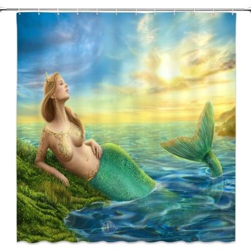 Mermaid Shower Curtains Sexy Women Golden Hair Girl Fish Tail Bathroom Decor Home Bathtub Waterproof Polyester Hang Curtain Set