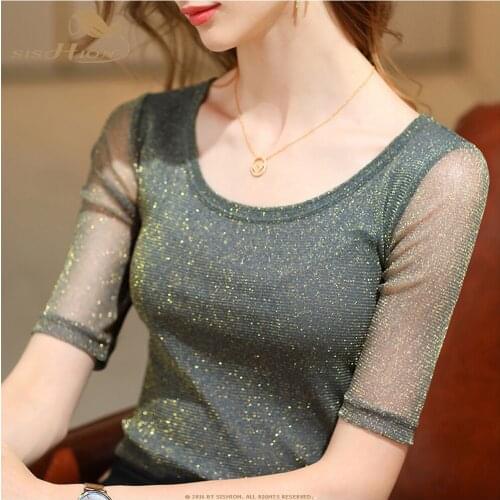 SISHION Bling Shinning Autumn Women Tops Blouses VD2316 Half Sleeve Black Green Pink T Shirt