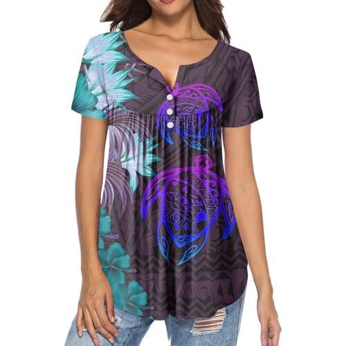 HYCOOL Purple Polynesian Hibiscus Print Women Shirts And Blouses Custom Plus Size Short Sleeve Chiffon Shirt Casual Ladies Tops