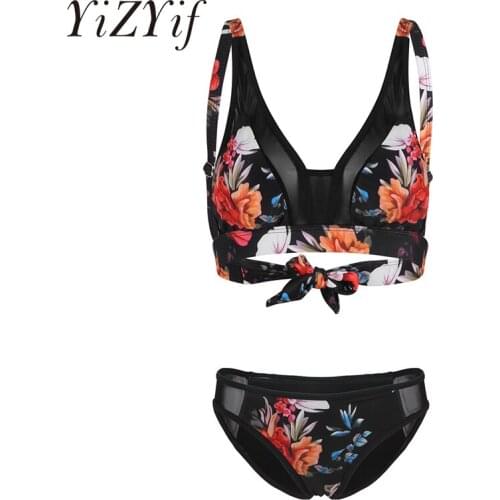 Women Lingerie Set Sexy Swimsuit Floral Print Swimwear Sets Padded Push Up Bra Top With Low Rise Bikini Briefs Underwear Set