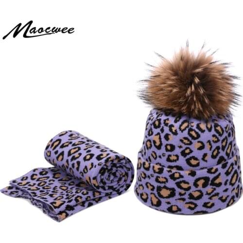 New Fashion Beanie Hat Scarf Set For Women Leopard Print Autumn Winter Plus Velvet Warm Scarf Female Cotton Real Fur Pompon Caps