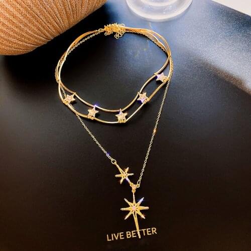 Exknl Gold Color Pendant Necklace Women Multilayered Star Chocker Crystal Long Bohemian Choker Necklace Collar Fashion Jewelry