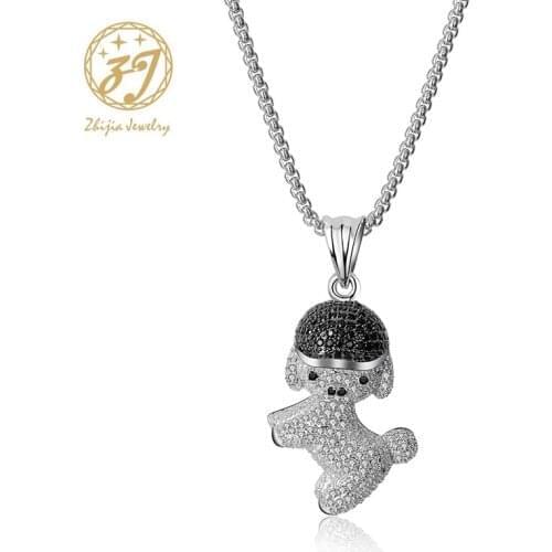 Zhijia top brand silver color full shiny crystal rhinestone inlaid dog pendant necklace for men women gifts