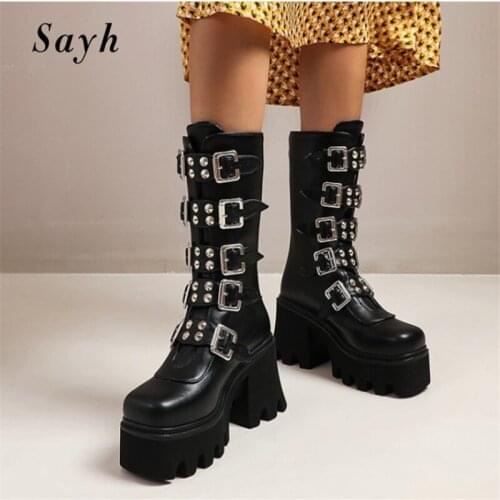 2020 Fashion Winter Woman Shoes Belt Buckle Rivet Ankle Boots Leather Punk Rock Platform Boots Rome High Heels Shoes