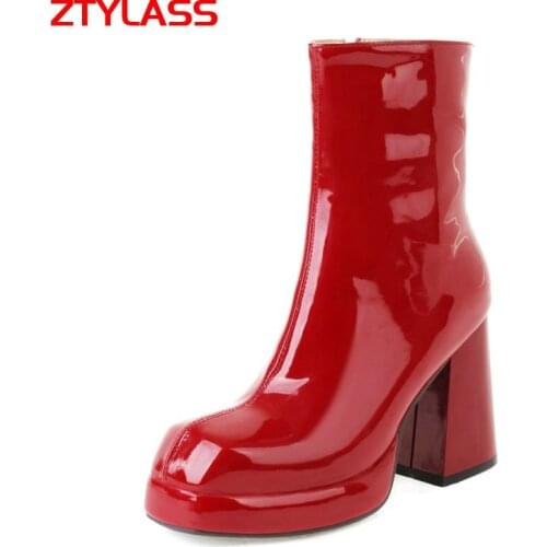 White Autumn Winter Platform Women Ankle Boots Pu Leather Chunky High Heel Ankle Boots Fashion Square Toe Zipper Woman Shoes