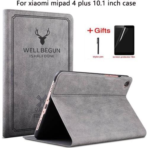 Slim Retro Flip Stand PU Leather Case For Xiaomi MiPad 4 Plus 10.1 2018 Cover for Mi Pad 4 Pad4 Plus 10.1 inch case+Film+Pen