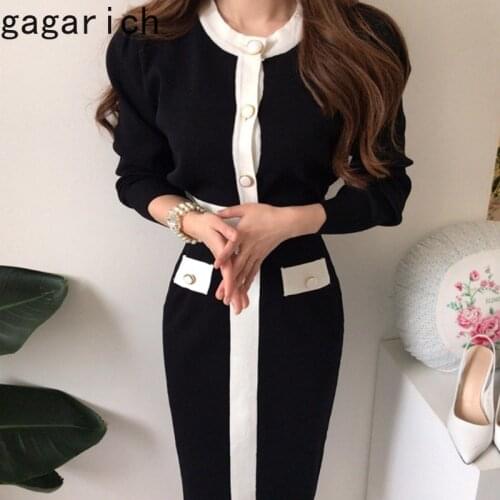Gagarich Elegant 2 Piece Set Women Korean Chic O-neck Single Row Buckle Colliding Knit Sweater High Waist Bodycon Skirt Suit