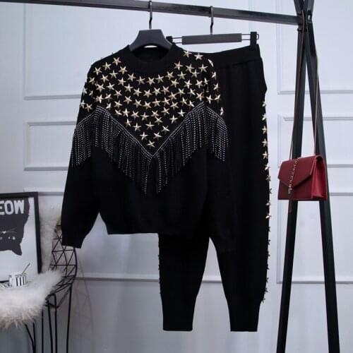 New arrival Hot Chic womens sweat suit 2020 Autumn stars beding tassels sweaters+casual pants two piece set C426