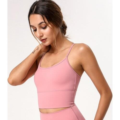 Soft Nylon Workout Fitness Crop Tops Built In Bra Women Padded Running Yoga Longline Sports Bra Push Up Training Gym Tank Top