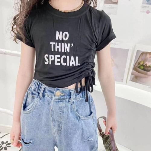 Summer baby girls tshirt short sleeve black crop tops toddler kids fashion clothes letters print drawstring pleated 3 to 12 yrs