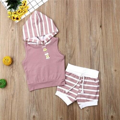 Summer Infant Clothing 2020 Newborn Sleeveless Hooded Cotton Top Stripe Short Outfits 2PCs Baby Girls Clothes Set
