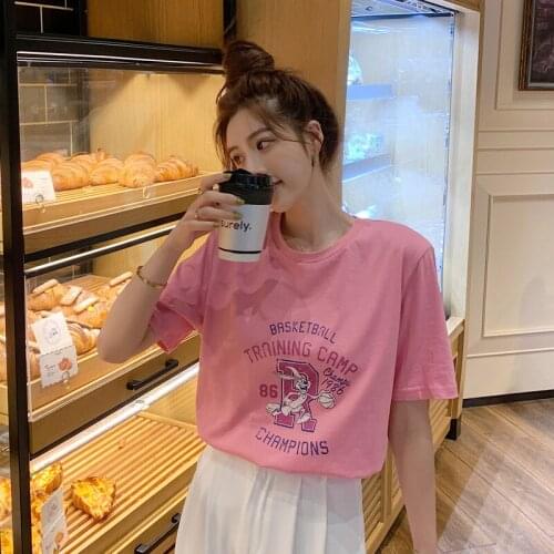 Summer college style letter printing half-sleeved mid-length loose round neck T-shirt simple and versatile casual women