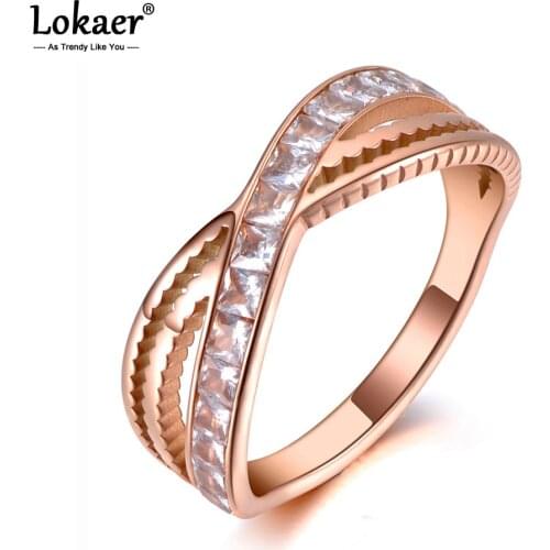 Lokaer Trendy Titanium Stainless Steel X Shape Female Ring Jewelry Rose Gold Mosaic CZ Crystal Wedding Rings For Women R19142