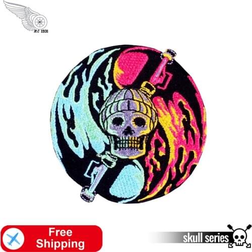 Ice and Fire Skull Embroidered Patches Iron on Badges Punk Cool Biker Appliques Twill Fabric Stripes Motorcycle Jean Shirt Patch