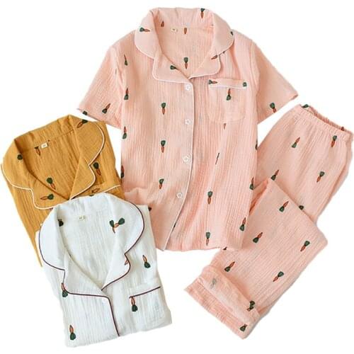 Spring And Autumn Ladies Cotton Crepe Short-Sleeve+Pants 2Pcs Pajamas Set Women Turn-Down Collar Sleepwear Cute Carrot Printed