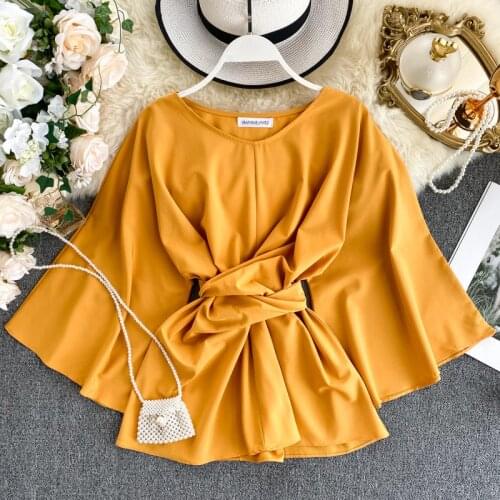 Popular Flare Sleeve Women Ins Belted Loose Blouse Top Cheap and Chic Chiffon Shirt