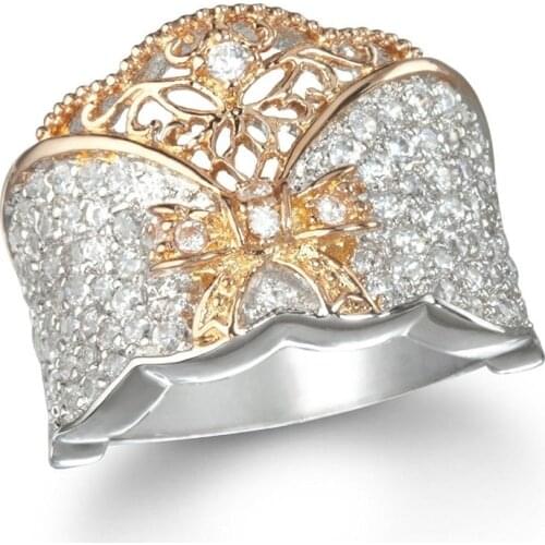 Luxury Gorgeous Women Jewelry White Zircon Bow 2 Tone Bridal Rings for Wedding Engagement Set Gifts