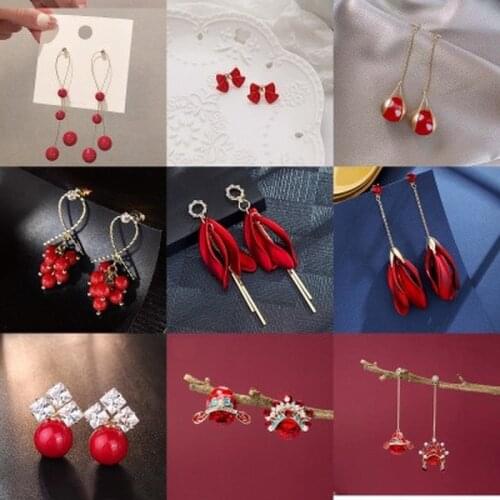 Minar Elegant Geometric Round Red Color Sweet Drop Earrings for Women Pearl Flower Cherry Wedding Earring Tassel Brincos Jewelry
