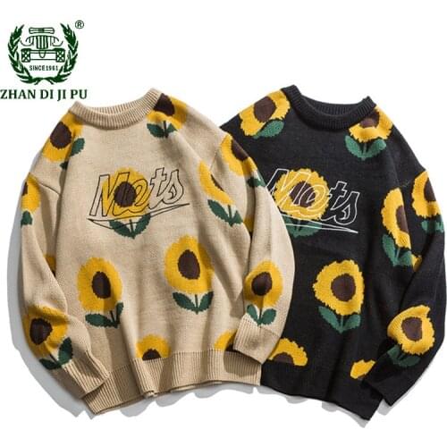 Streetwear Casual Sunflower Pattern Knitted Long Sleeve Sweaters Mens Harajuku Oversize Loose O-Neck Pullover Swetaer Couples