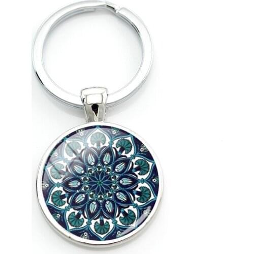 TAFREE Dark Blue Floral Pattern Beads Keyring Plane Flowers Round Picture Cabochon Women Key Chains For Teachers' Day