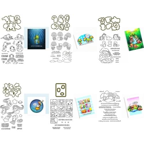Cutting Dies With Clear Stamps Set Zoo Animals Chameleon Otter Unicorn Rainbow Stars Bright Sentences Words DIY Craft 2021