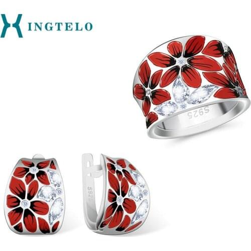 XINGTELO 925 Sterling Silver Jewelry Set Red Enamel White Cubic Zirconia Ring Stud Earrings for Women Engagement Jewelry