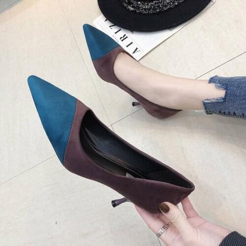 Suede Women Dress Shoes Pointed Toe Patchwork Pumps Medium Heels Fashion Woman Shoes Ladies Stilettos Boat Shoes Zapatos Mujer
