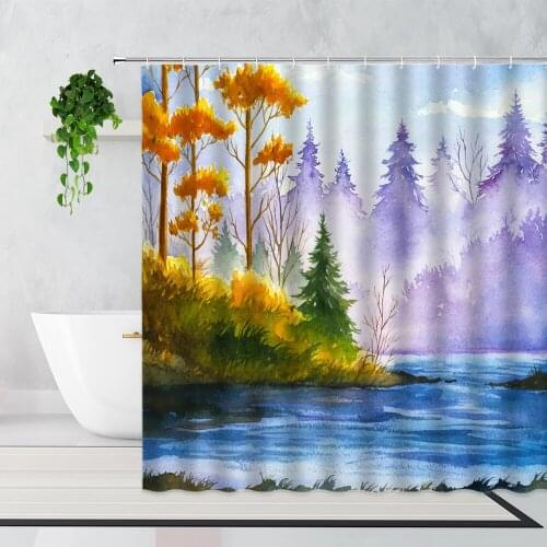 Natural Scenery Shower Curtain Watercolor Mountain Forest Plant Background Bathroom Decor Waterproof Bath Curtains Set With Hook