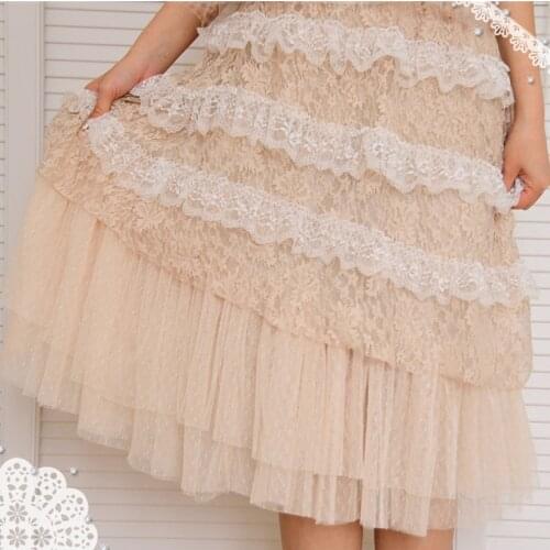 Japanese Mori Girl Lolita Lace Ruffle Harajuku Embroidery Crochet Mesh Patchwork Elastic Waist Women Autumn Tulle Skirt Faldas