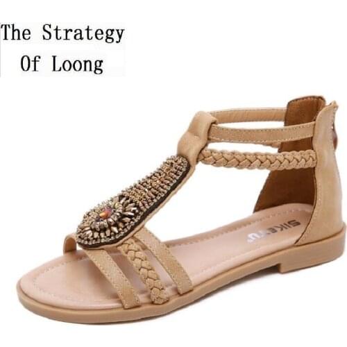 Summer Retro Rhinestone Women Crystal String Bead Peep Toe Gladiator Sandals Ladies Zipper Woven Strap Flats Shoes 20200510