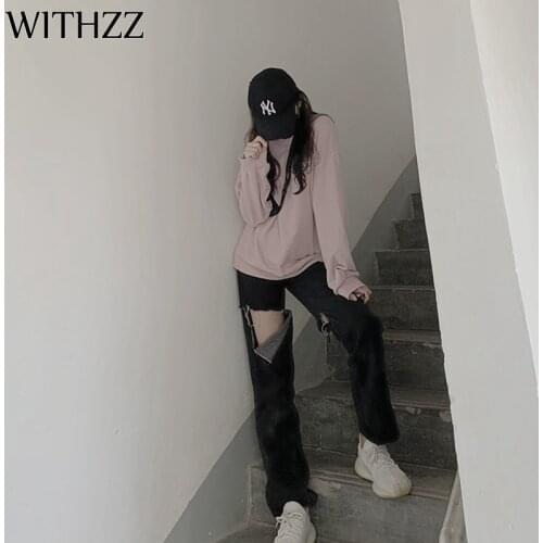 WITHZZ Spring Summer Womans Loose Hole Denim Straight Pants Casual High Waist Female Jeans