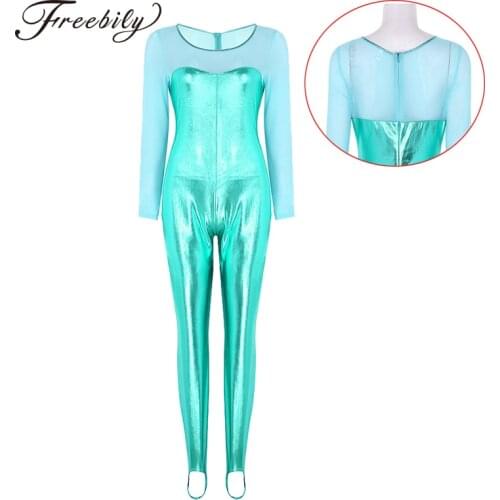 Women Shiny Metallic Scoop Neck Long Sleeve Ballet Dance Gymnastics Leotard Modern Catsuit Leotard Bodysuit Dance Costumes
