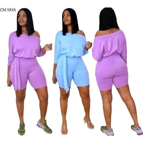 Summer Women solid color off shoulder slash neck wrist sleeve sashes waist knee length playsuit one piece overall rompers
